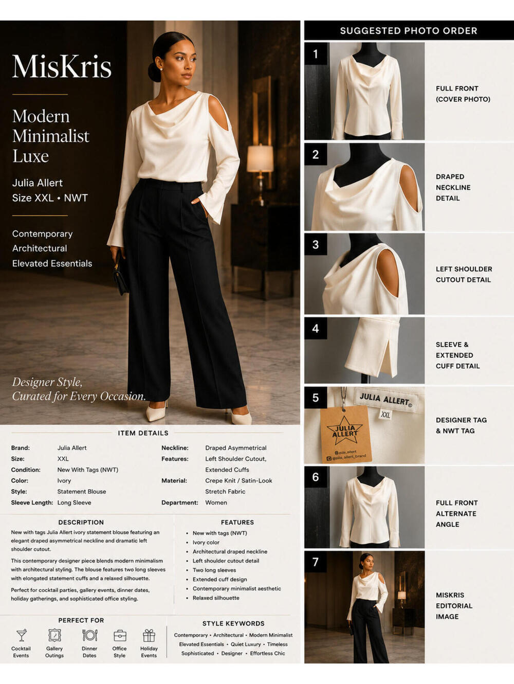 Julia Allert Ivory Asymmetrical Shoulder Cutout Blouse Top NWT Size XXL